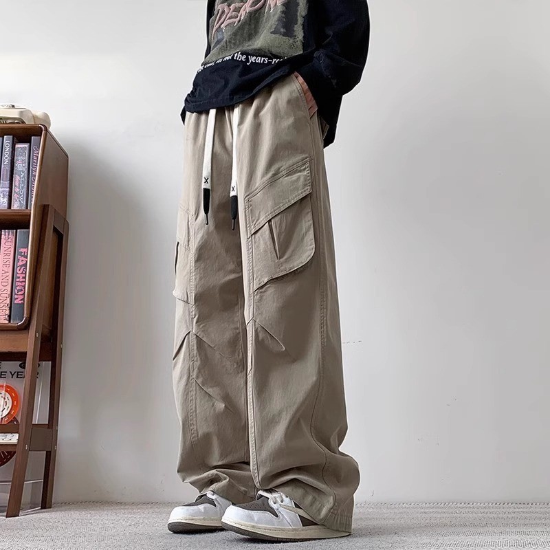 美式大碼寬鬆直筒潮流休閒褶皺闊腿工裝褲