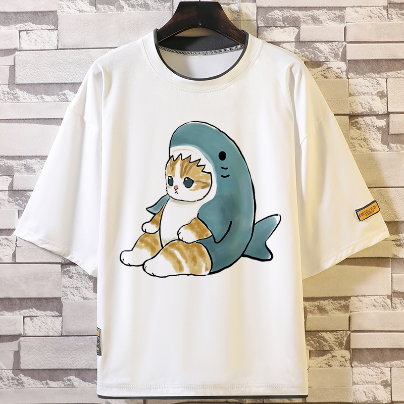 呆萌貓日系印花撞色拼接短袖T恤