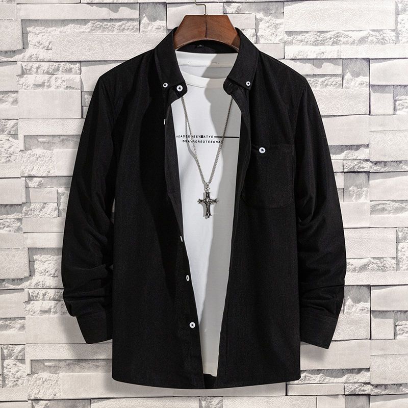 韓版寬鬆純色磨毛有口袋燈芯絨長袖襯衫