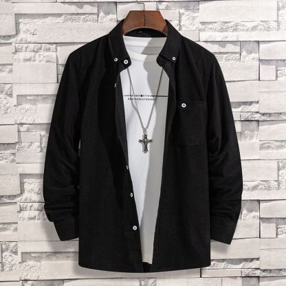 韓版寬鬆純色磨毛有口袋燈芯絨長袖襯衫