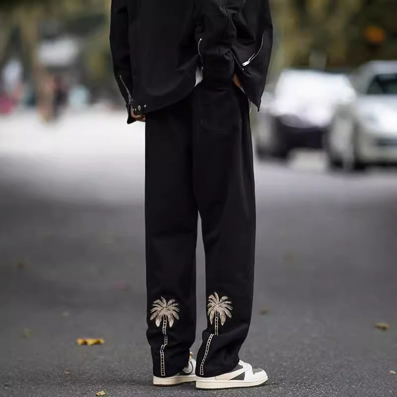 美式休閒街頭潮流水洗復古寬鬆直筒牛仔褲