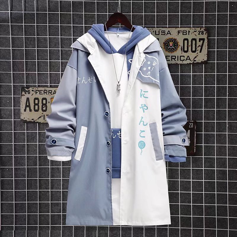 日系藍色ins貓咪連帽中長款寬鬆風衣外套