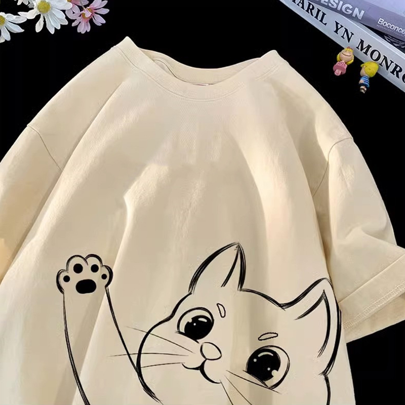 簡約百搭卡通貓咪印花短袖T恤