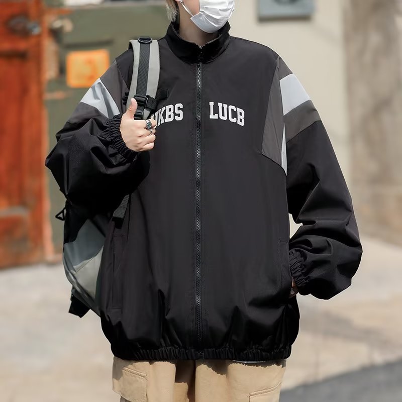 痞帥薄款嘻哈百搭拼接立領夾克外套