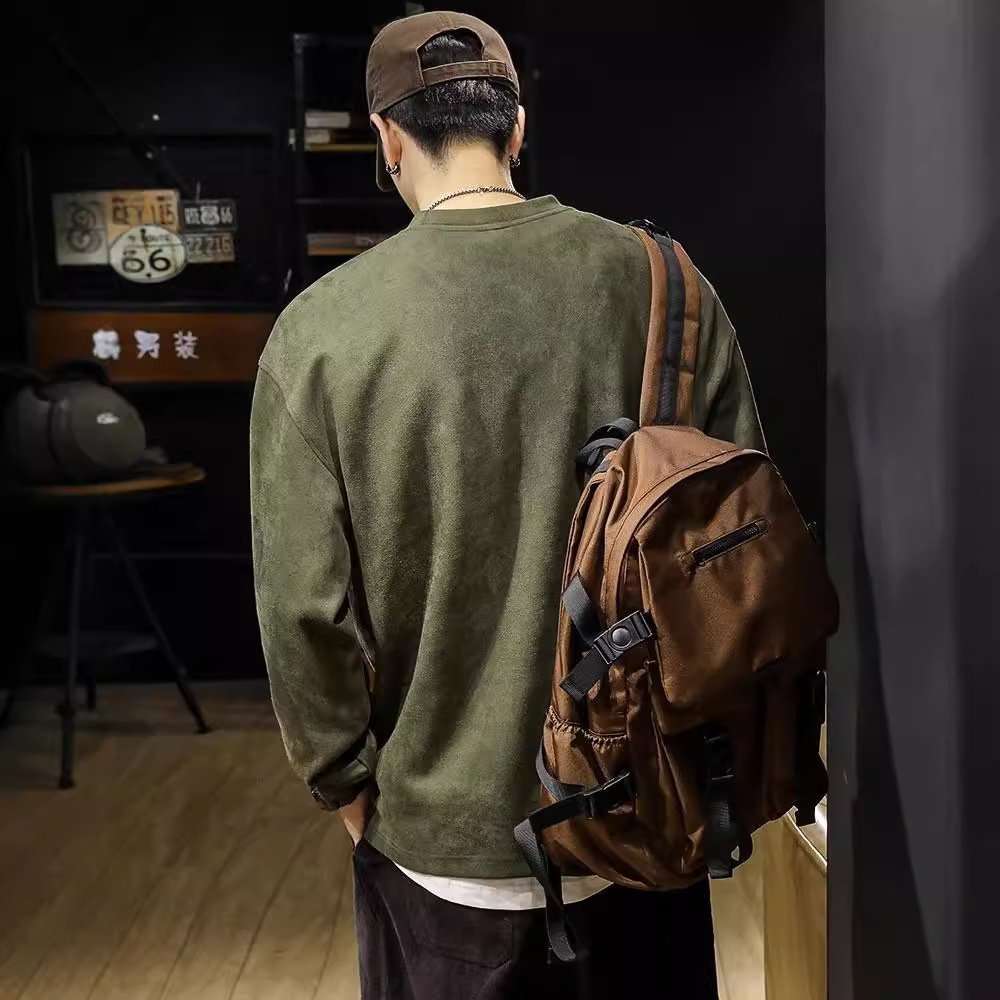 美式復古麂皮絨寬鬆潮牌圓領長袖T恤