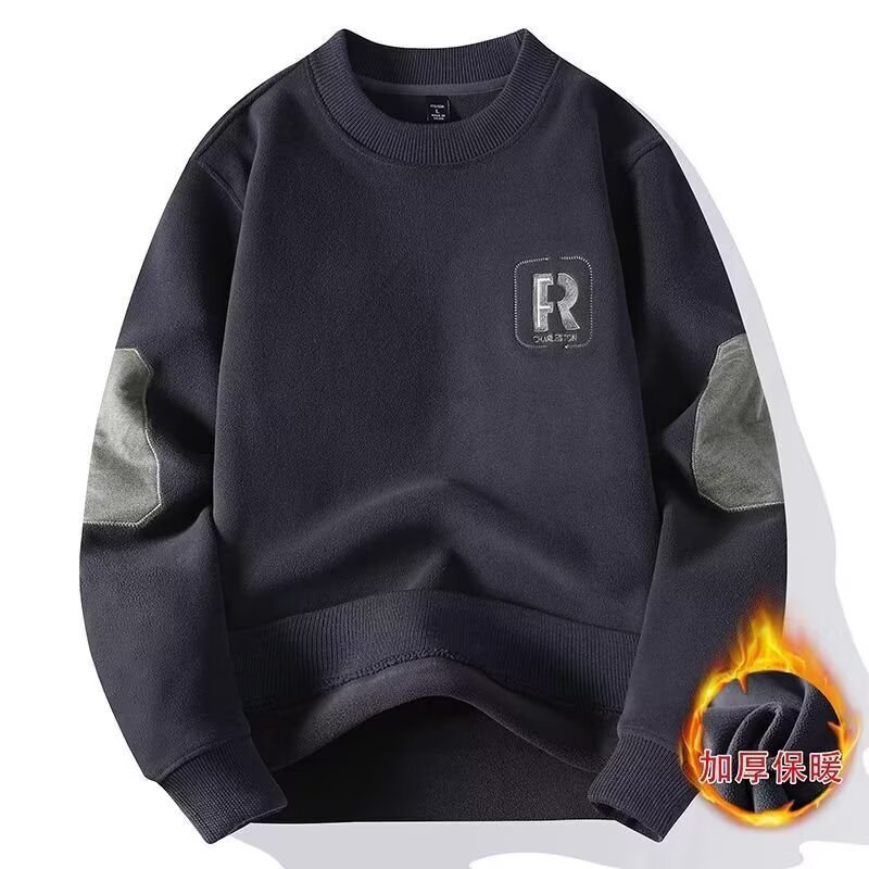 雙面奧粒絨加厚字母刺繡搖粒絨圓領長袖T恤