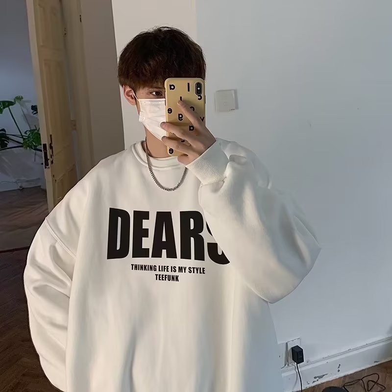 圓領刷毛字母印花大碼寬鬆重磅港風長袖T恤