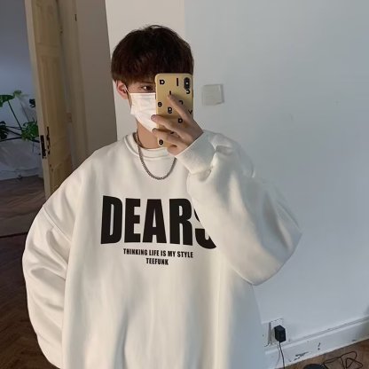 圓領刷毛字母印花大碼寬鬆重磅港風長袖T恤