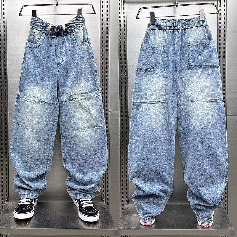 大口袋工裝水洗磨白復古痞帥寬鬆牛仔褲