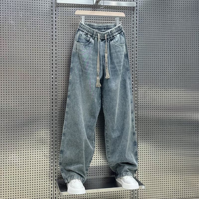 港味刷毛潮酷炸街痞帥直筒寬鬆闊腿牛仔褲