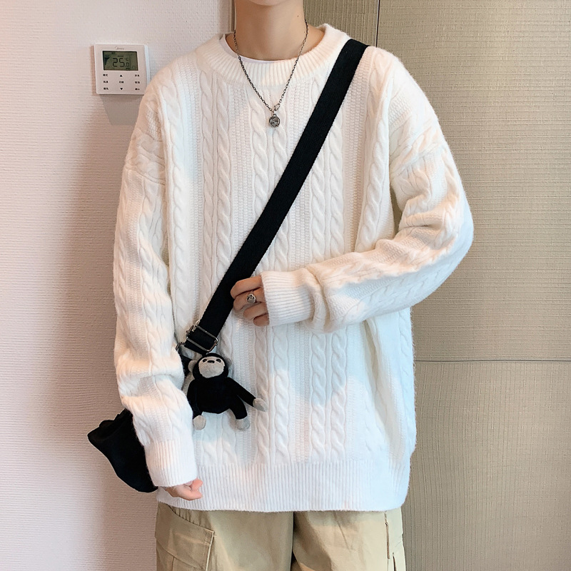 麻花毛衣圓領寬鬆復古港風潮流休閒針織衫