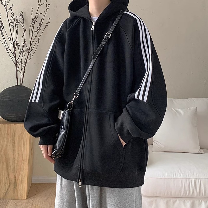 日系復古寬鬆休閒拉鏈條紋連帽外套