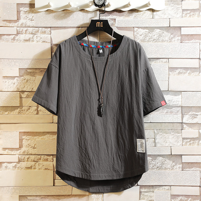 日系棉麻寬鬆純色貼布裝飾短袖T恤