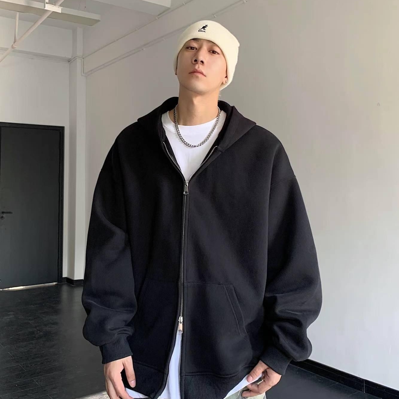 重磅時尚潮流寬鬆休閒素色開衫雙拉鏈連帽T