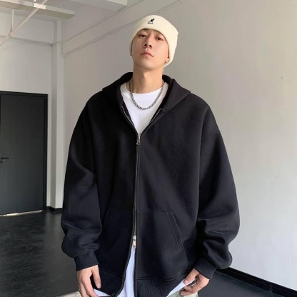 重磅時尚潮流寬鬆休閒素色開衫雙拉鏈連帽T