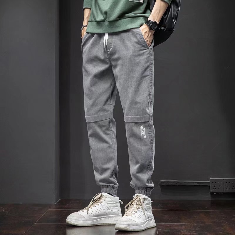 時尚潮流鬆緊腰休閒刷毛運動九分束腳工裝褲