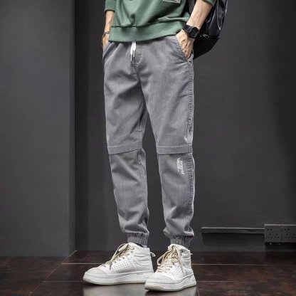 時尚潮流鬆緊腰休閒刷毛運動九分束腳工裝褲