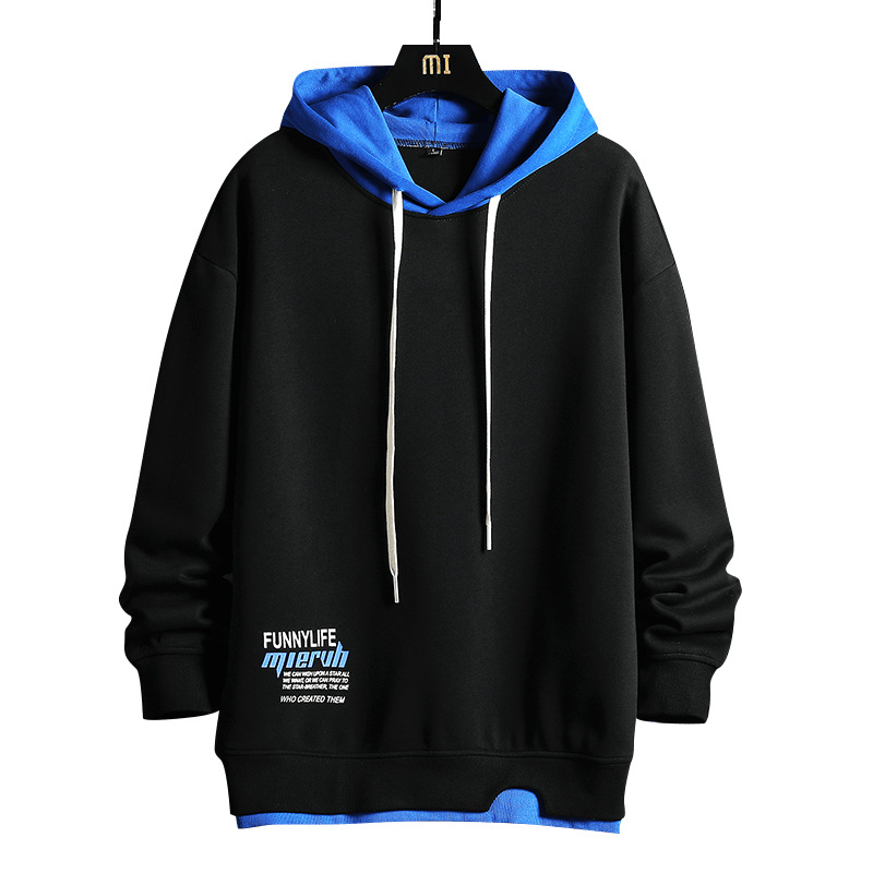 連帽長袖拼色假兩件撞色衛衣