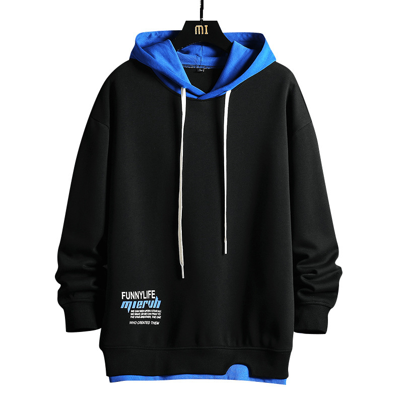 連帽長袖拼色假兩件撞色衛衣