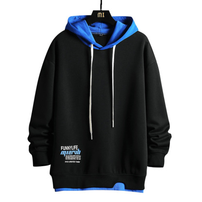 連帽長袖拼色假兩件撞色衛衣