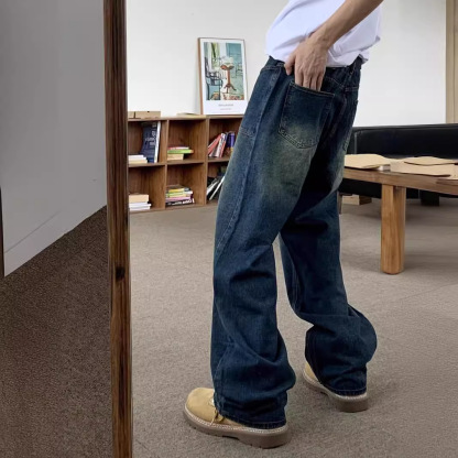 美式復古做舊牛仔垂感直筒寬鬆休閒拖地闊腿褲