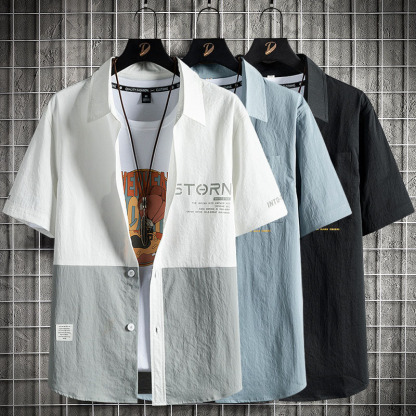 拼色薄款寬鬆潮牌港風日系寬鬆百搭襯衫上衣