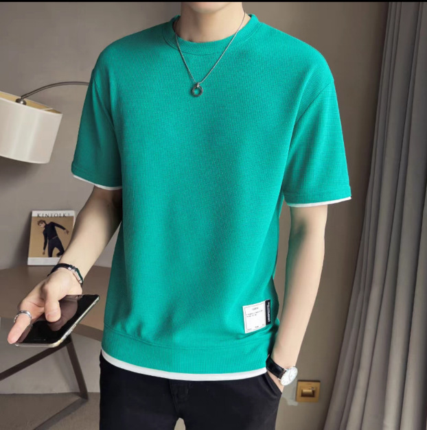 華夫格運動涼爽寬鬆假兩件打底休閒t恤-Nuostyle