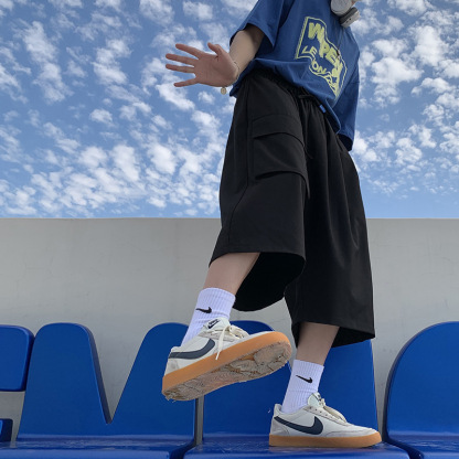 闊腿薄款設計感夏季外穿潮流工裝七分褲寬鬆冰絲褲子褲裝