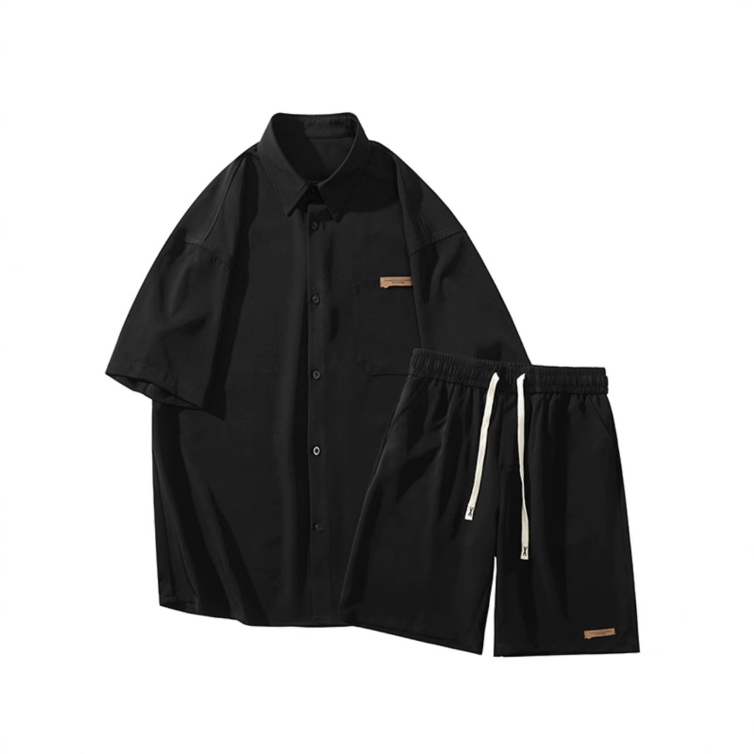 【整套】時尚痞帥寬松冰絲短袖襯衫+運動休閑短褲兩件套