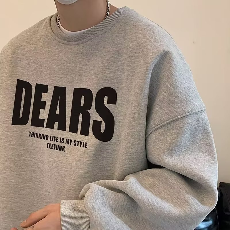 圓領刷毛字母印花大碼寬鬆重磅港風長袖T恤