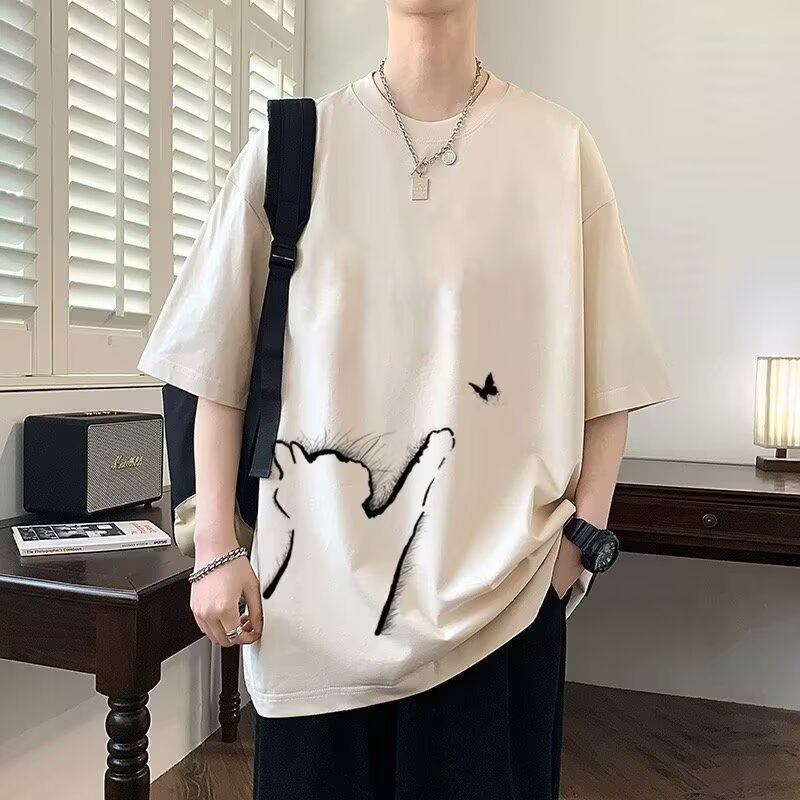 時尚休閒寬鬆潮流貓咪印花情侶短袖T恤