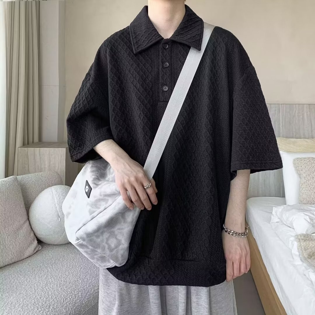 Polo衫潮牌翻領日系華夫格短袖T恤