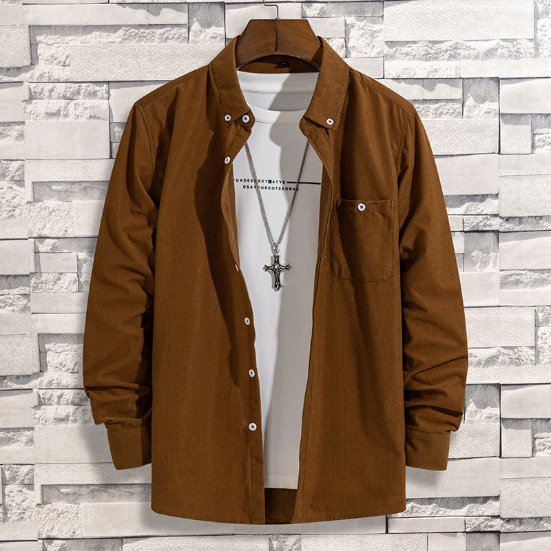 韓版寬鬆純色磨毛有口袋燈芯絨長袖襯衫