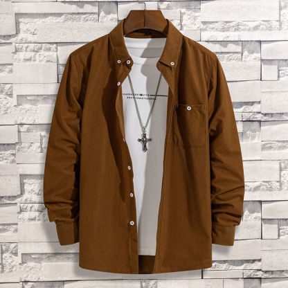 韓版寬鬆純色磨毛有口袋燈芯絨長袖襯衫