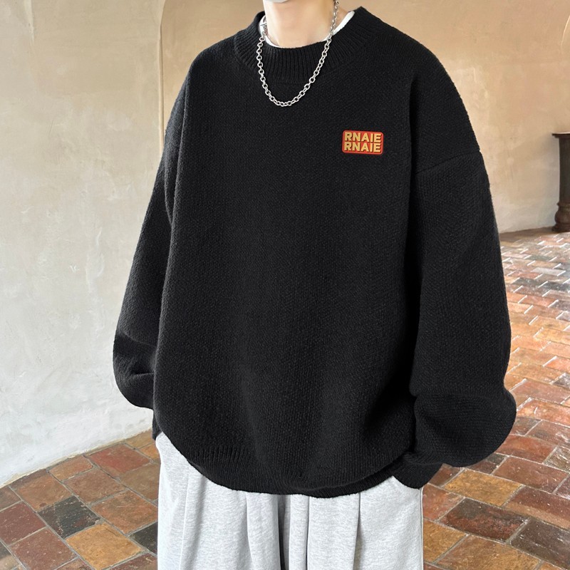 加厚慵懶風休閒寬鬆型素色長袖圓領針織毛衣