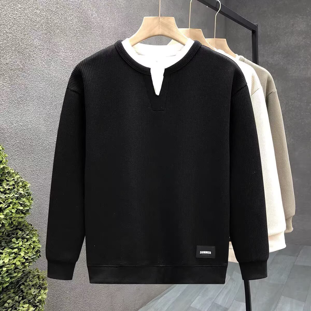 感痞帥V領假兩件潮牌休閒寬鬆長袖T恤