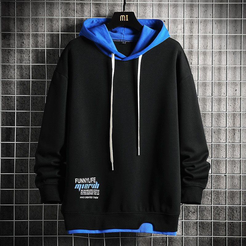 連帽長袖拼色假兩件撞色衛衣