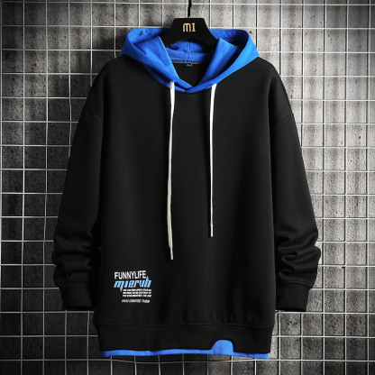 連帽長袖拼色假兩件撞色衛衣