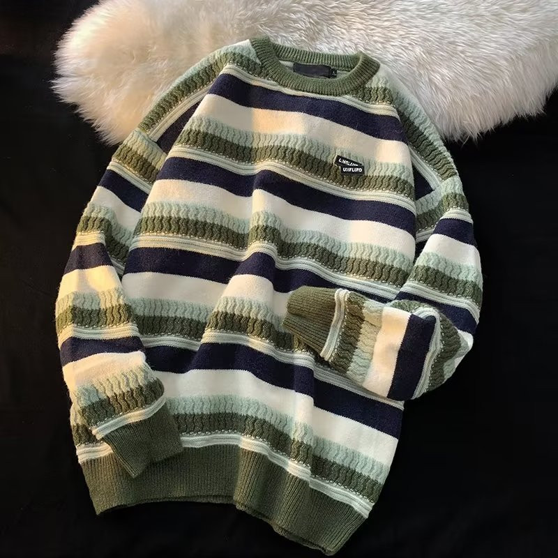 設計感日系情侶寬鬆潮流打底條紋圓領針織毛衣