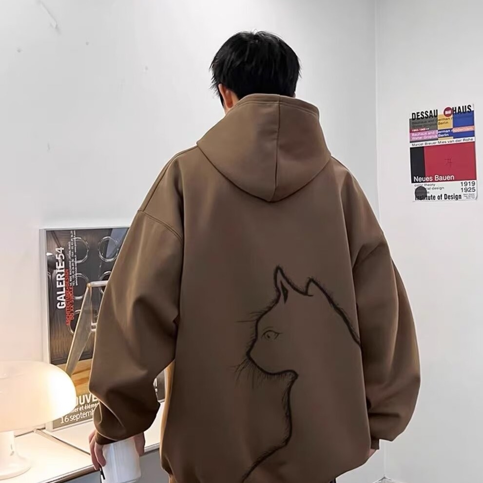 日系潮流貓咪印花長袖加絨連帽衛衣