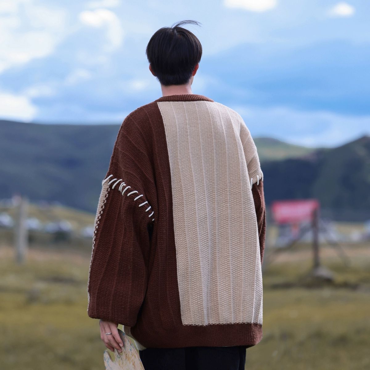 拼接撞色毛衣潮牌慵懶風針織衫