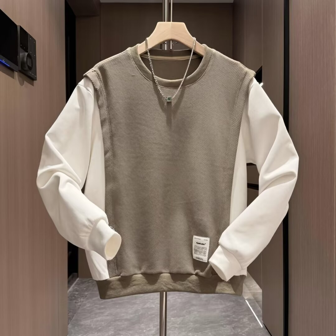 時尚假兩件寬鬆百搭圓領拼接打底長袖T恤