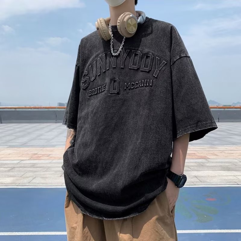 重工字母水洗做舊重磅高街美式復古t恤短袖