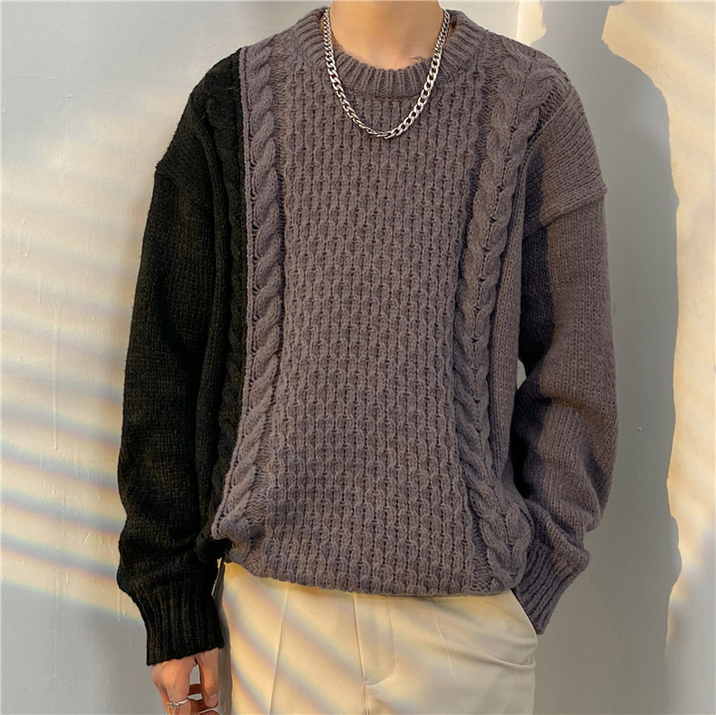 美式復古高街潮牌休閒百搭圓領粗針織毛衣