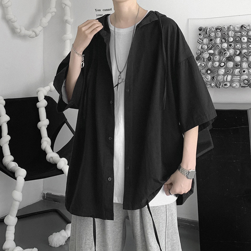 日系純色涼爽港風連帽五分袖薄款寬鬆開衫-Nuostyle