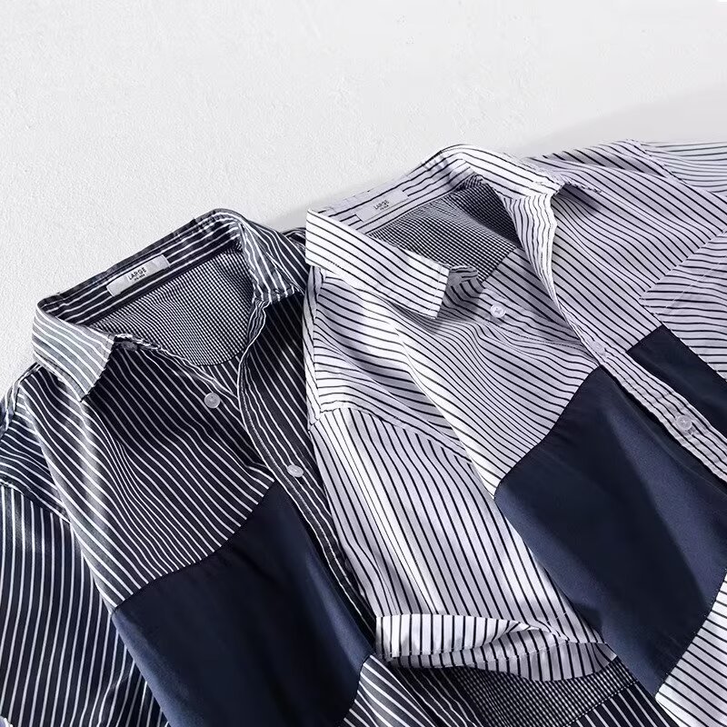 拼接撞色翻領條紋休閒時尚簡約港風襯衫