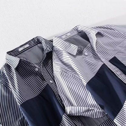 拼接撞色翻領條紋休閒時尚簡約港風襯衫