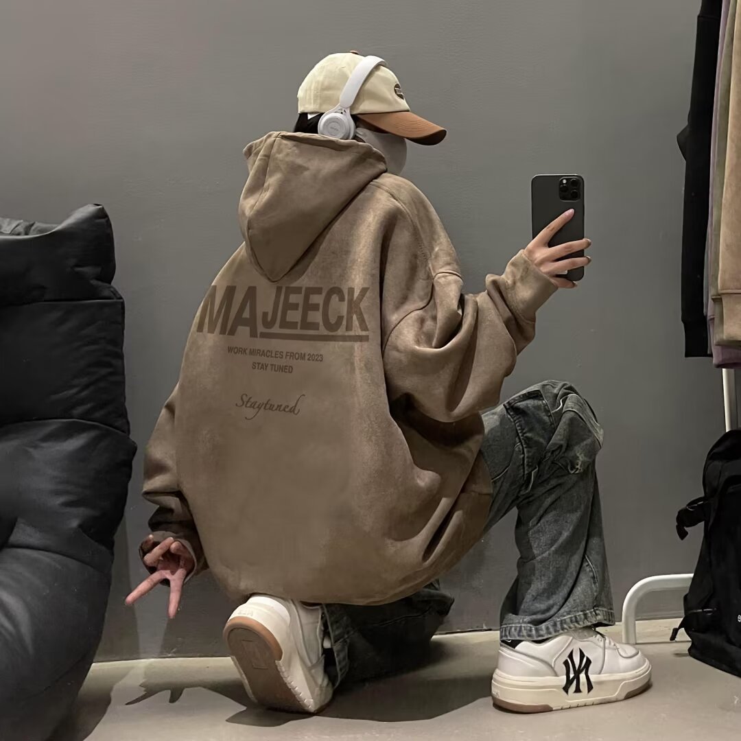 潮牌重磅痞帥情侶寬鬆大碼休閒麂皮絨連帽T