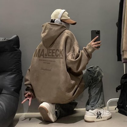 潮牌重磅痞帥情侶寬鬆大碼休閒麂皮絨連帽T