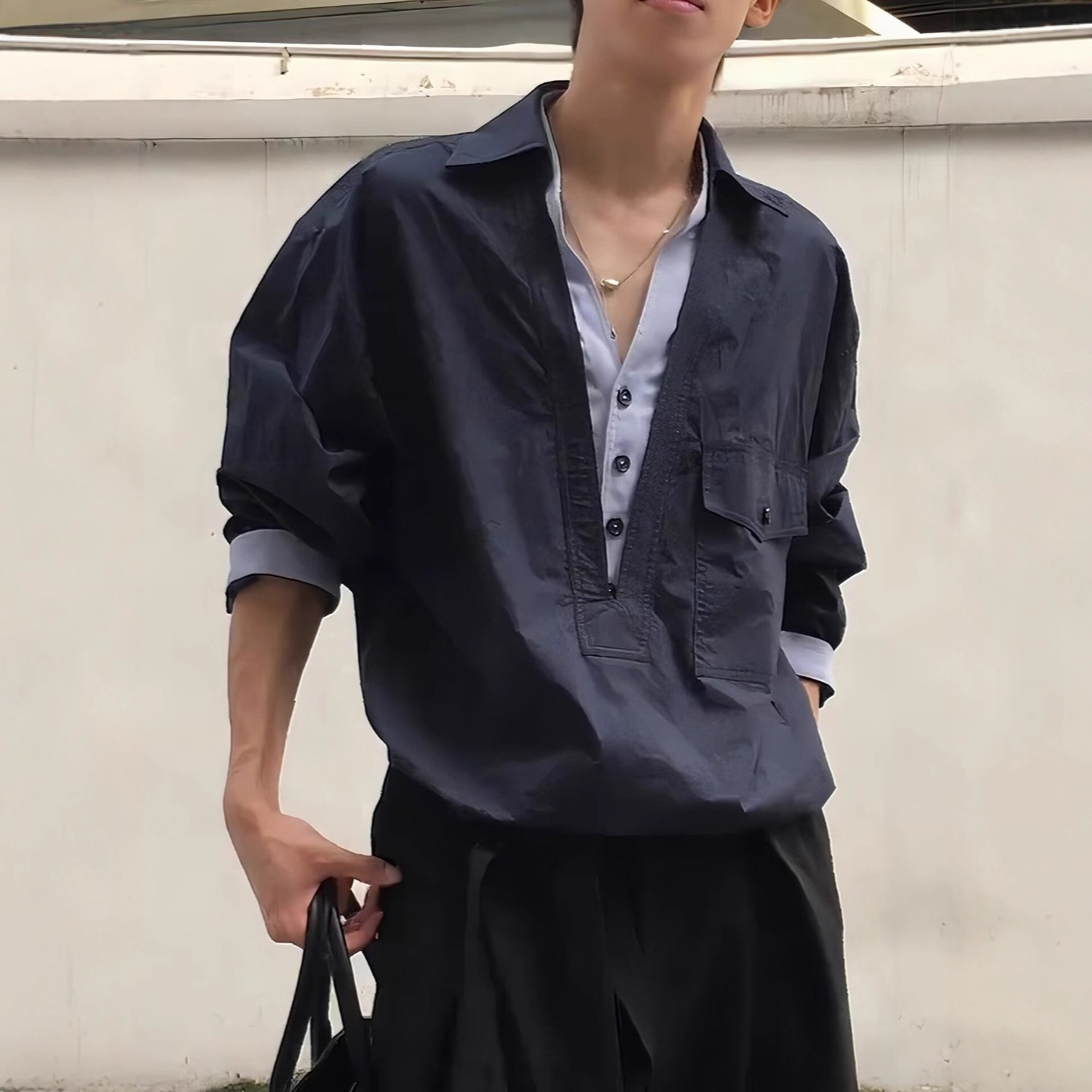 美式復古工裝假兩件日系拼接高級感長袖襯衫